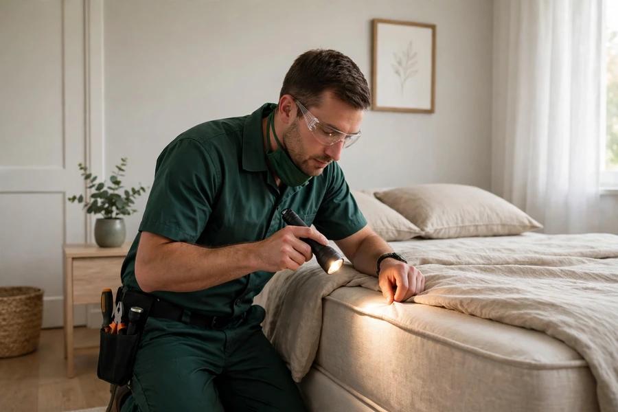 Technician inspecting mattress seams with a flashlight during a bed bug inspection in Columbia, SC
