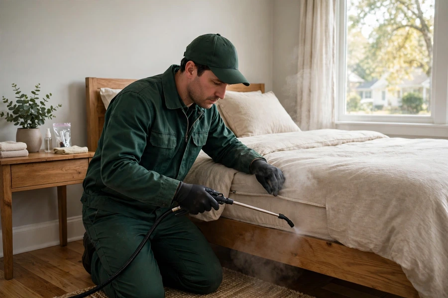 Technician steam-treating mattress seams during bed bug treatment in Columbia, SC