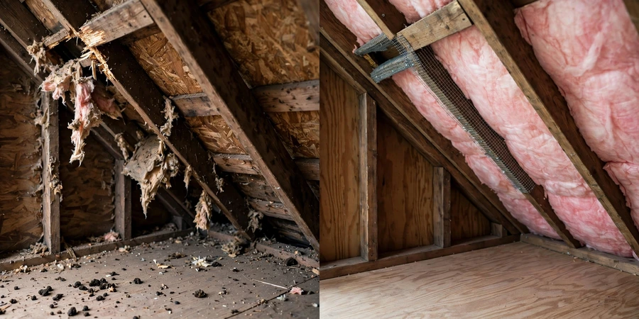Before and after: rodent droppings and a chewed eave gap in a Columbia attic, sealed and cleaned