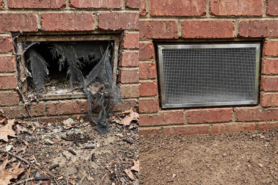 Before and after: a torn crawl space vent on a Columbia brick home replaced with a sealed metal mesh screen