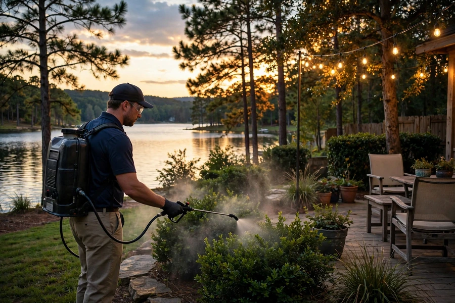 Evening mosquito control treatment for a Lake Murray area backyard in Lexington County, SC