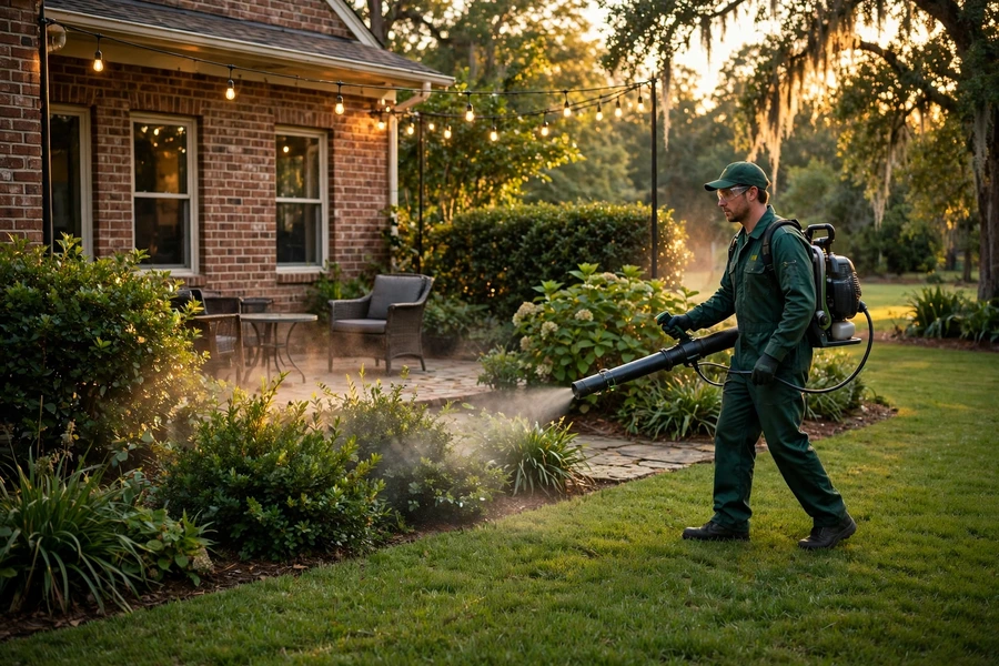 Technician applying a mosquito barrier spray in a Columbia, SC backyard at evening