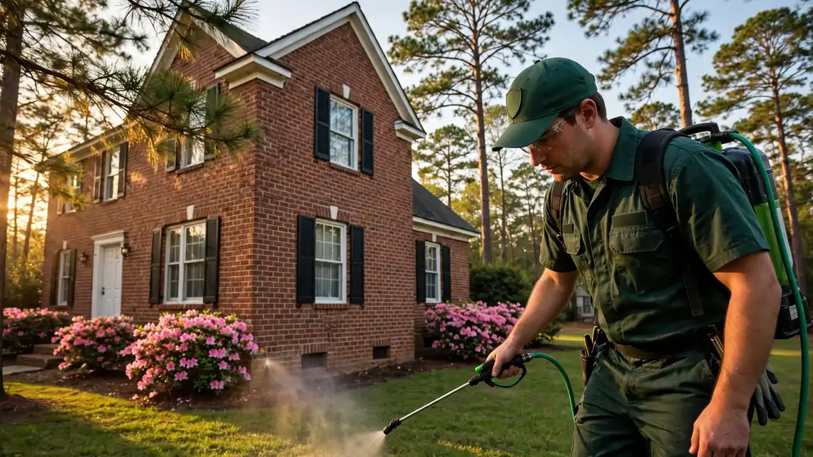 Pest Shield Columbia technician spraying a brick home in Columbia, SC during a pest control treatment