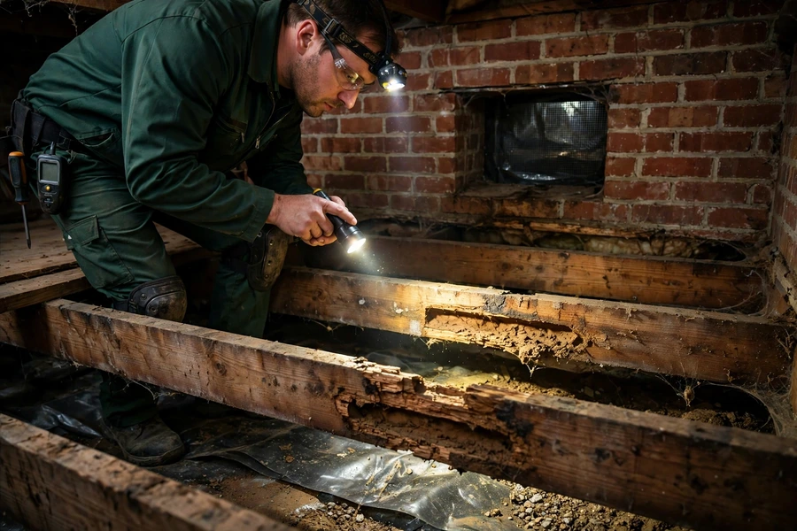Technician inspecting a vented crawl space under a Columbia, SC home for termites and moisture