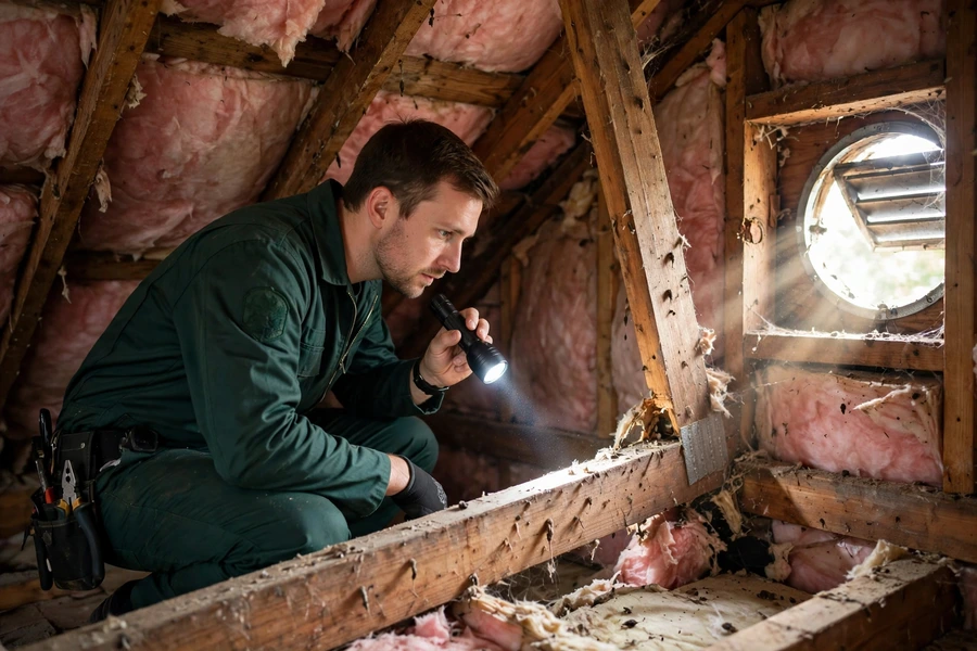 Technician inspecting an attic for rodents during rodent control in Columbia, SC