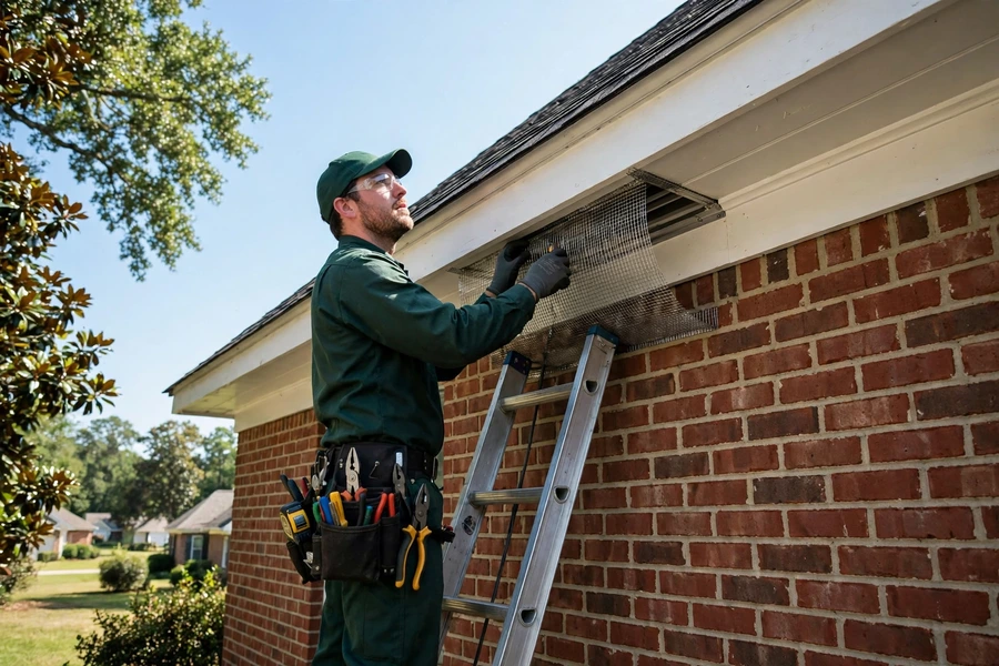 Technician sealing a roofline entry point with stainless mesh during rodent exclusion in Columbia, SC