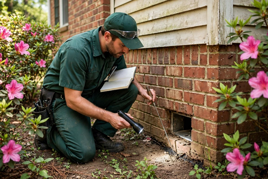Technician checking a foundation vent and soil line during a termite inspection in Columbia, SC