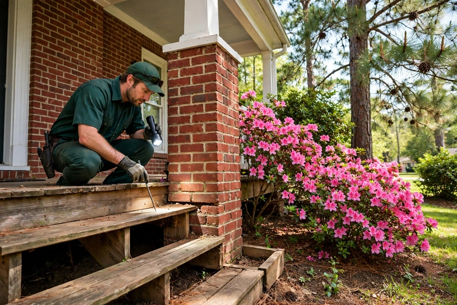 Technician inspecting the porch steps and foundation of a Columbia, SC home during a termite inspection